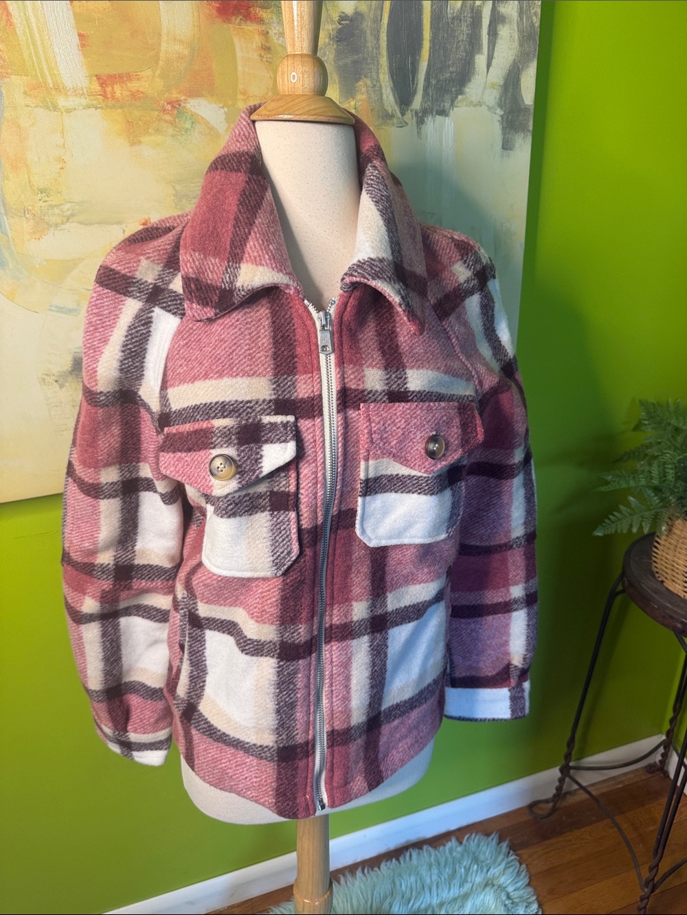 Avec Les Filles Pink and White Plaid Zip-Front Utility Jacket